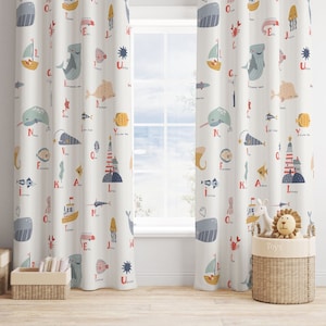 Nursery Curtains Blackout Neutral Alphabet Ocean, Kids Bedroom Curtains, Baby Nursery Window Panels, Nursery Window Coverings, Baby Curtains