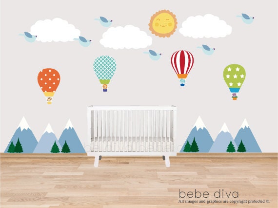 Mountain Wall Decals Hot Air Balloons Nursery Wall Decal Etsy