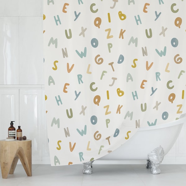 Kids Shower Curtain Alphabet Neutral, Kids Bath Curtain, Kids Bathroom Decor and Accessories, Toddler Shower Curtain, Baby Shower Gift,