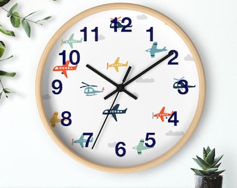 Väggklocka för pojkar, transportflygplan, väggklocka i trä för barnrum, tyst utan tickande, inredning i sovrum för pojkar, barnrumsinredning, babyshowerpresent