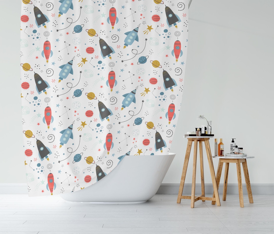 Boys Shower Curtain Outer Space Rockets Planets, Boys Bathroom Decor ...