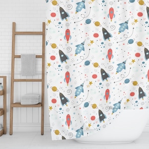 Boys Shower Curtain Outer Space Rockets Planets, Boys Bathroom Decor ...