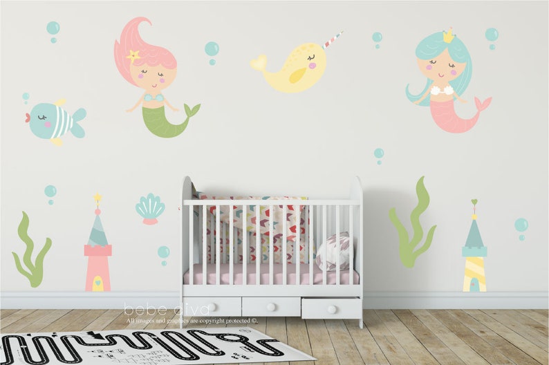 Mermaid Wall Decals Ocean Scene Underwater Fish Stickers Nursery Kids Non Toxic Removable