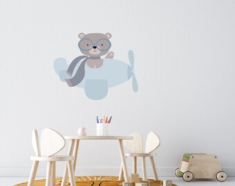 Kids Wall Decal Bear Flying Airplane Blue, Kids Wall Stickers, Wall Decal Nursery, Nursery Wall Decal, Baby Wall Decals