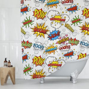 Cortina de ducha para niños, diseño de superhéroes de cómics, cortina de baño para niños, decoración y accesorios de baño para niños, cortina de baño para niños pequeños, regalo para bebé niño