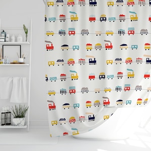 Boys Shower Curtain Train Transport, Boys Bathroom Decor and Accessories, Boys Bath Curtain, Toddler Boy Bathroom, Baby Boy Bathroom Decor