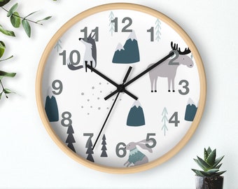 Kids Wall Clock Woodland Animals Neutral, Silent Wall Clock, Kids Bedroom Decor, Nursery Wall Clock, Nursery Decor, Kids Clock, Child Clock