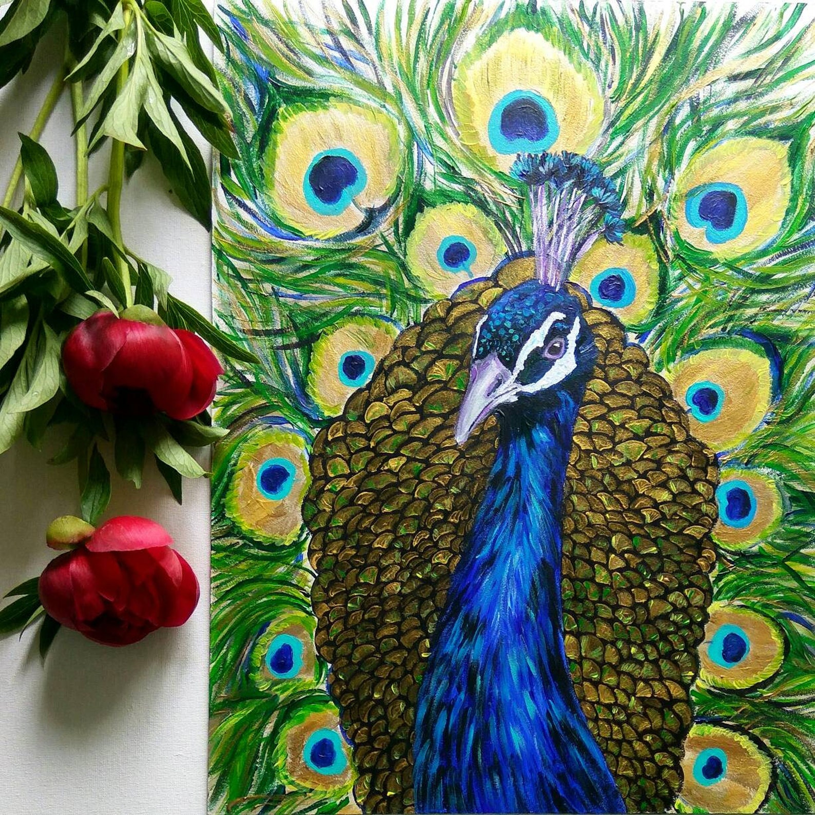 Peacock wall art original acrylic painting royal blue Etsy