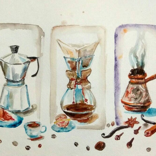 Coffee styles original watercolor A4, chemex, jezve, turka, coffee pot, spices, wall art for coffee lovers
