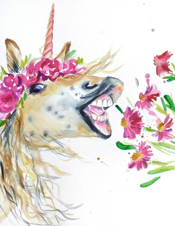 Cute Unicorn  art flower crown original watercolor painting 