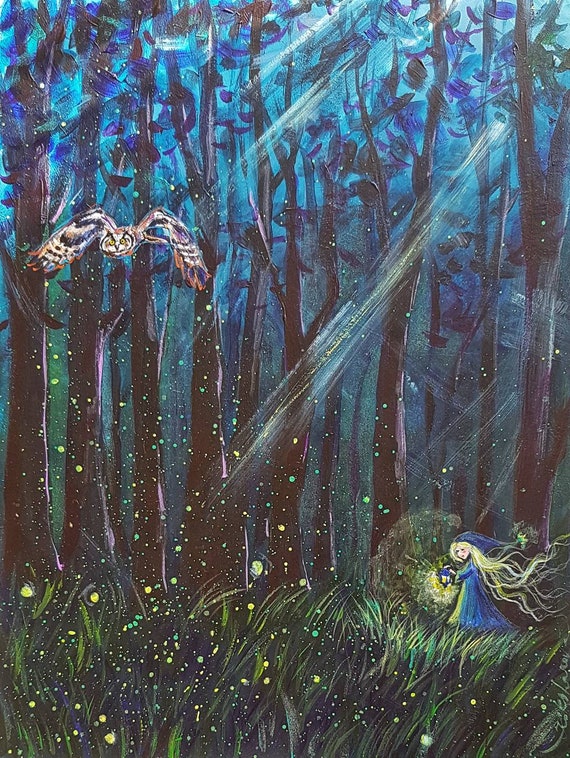 Nursery Decor Original Acrylic Painting Fairy Tale Owl Fairies Elf Fireflies Gift For Daughter Kid S Room Wall Art Fantasy Enchanted Forest