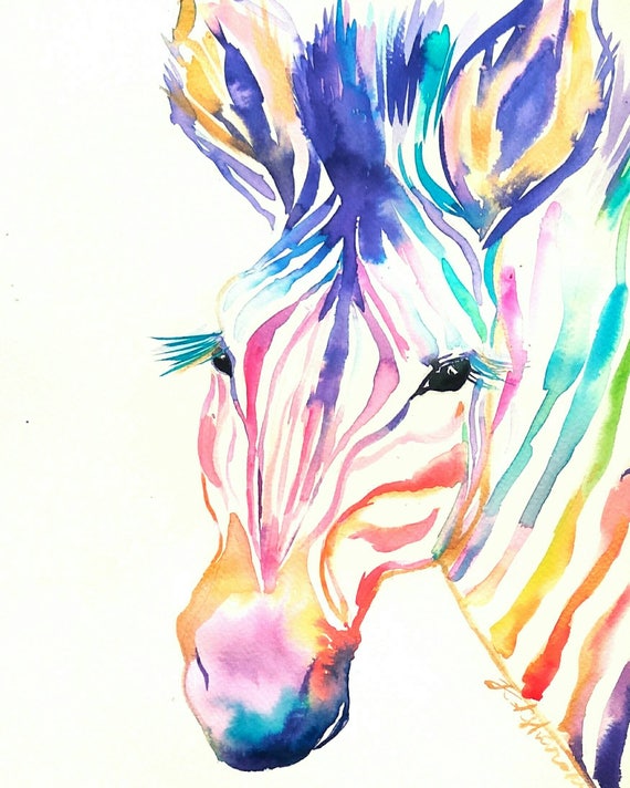 Rainbow zebra original watercolor painting of zebra nursery Etsy