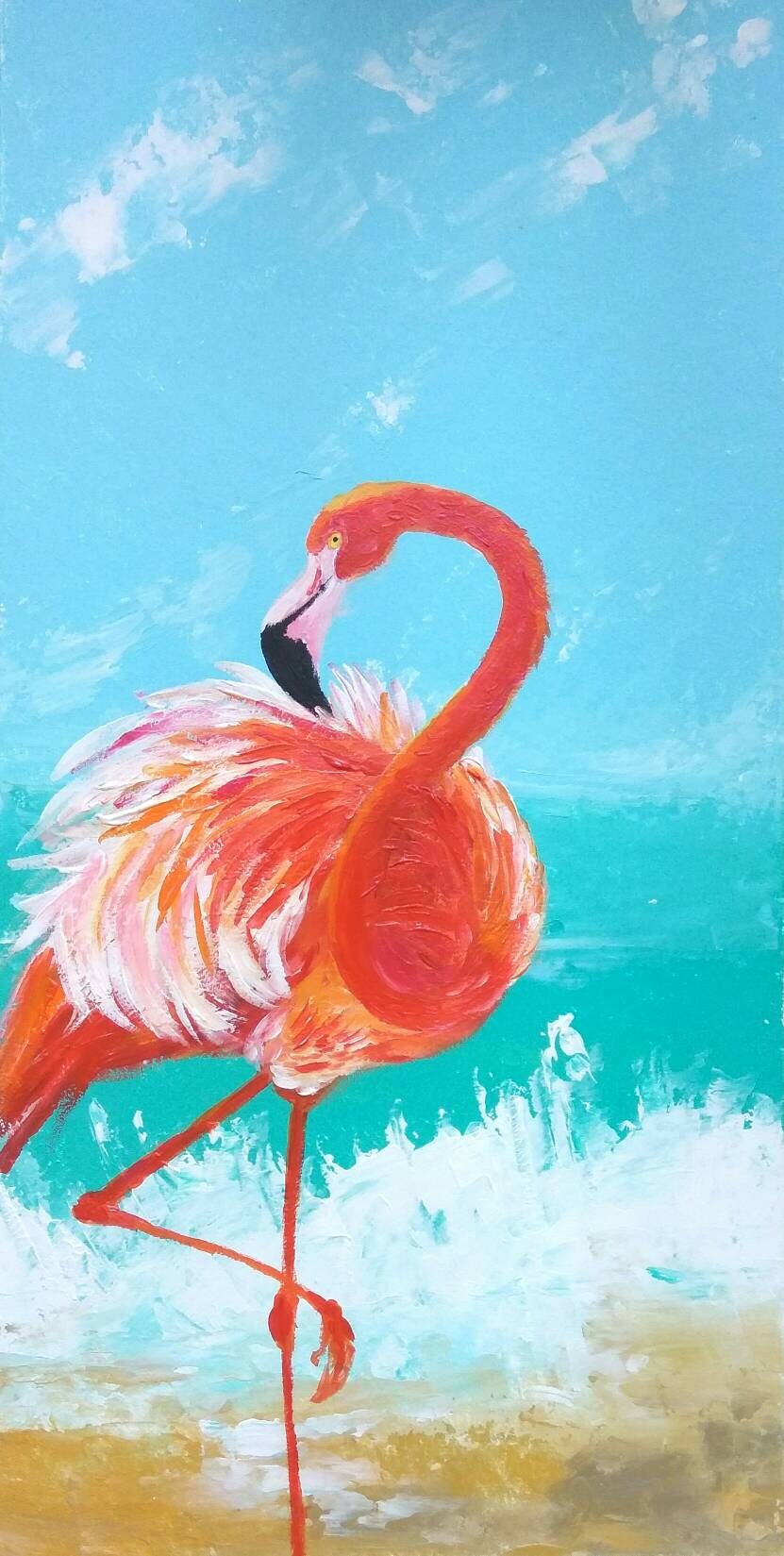 Flamingo on the beach Original acrylic painting Bird Wall Art | Etsy