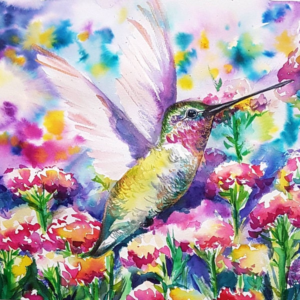 Hummingbird in flower garden Original watercolor painting Wall nursery decor Wild birds Rural art for kids room Nature Garden lovers gift