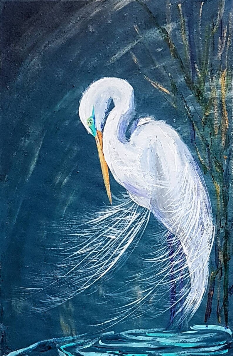 Great Egret Original Acrylic Painting on Canvas White Bird Art Etsy