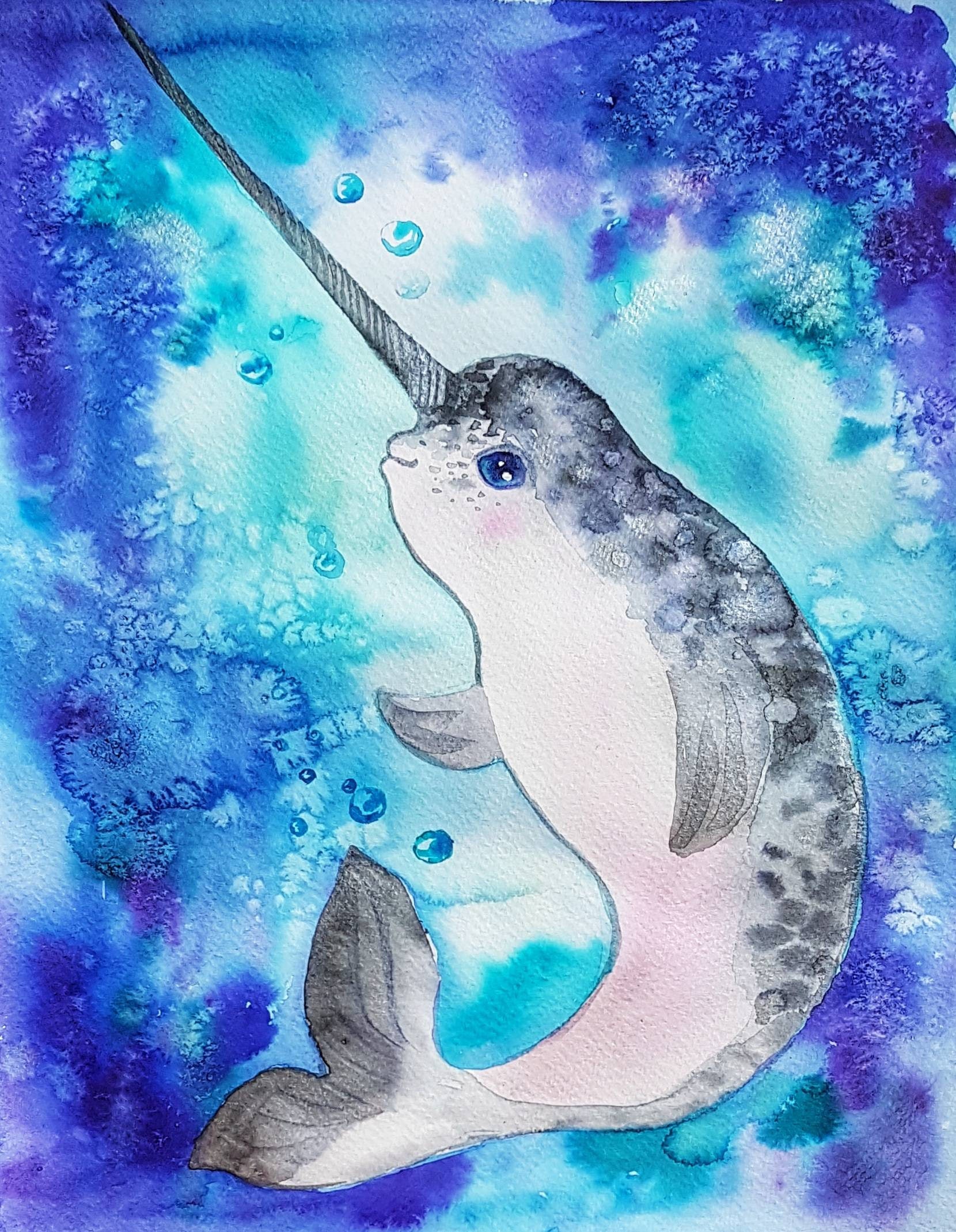 Narwhal Original watercolor painting ocean art nursery cute | Etsy