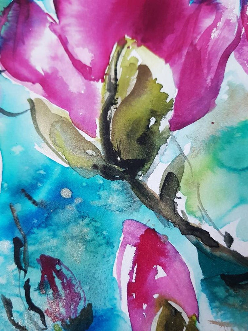 Pink Magnolias original watercolor painting modern wall