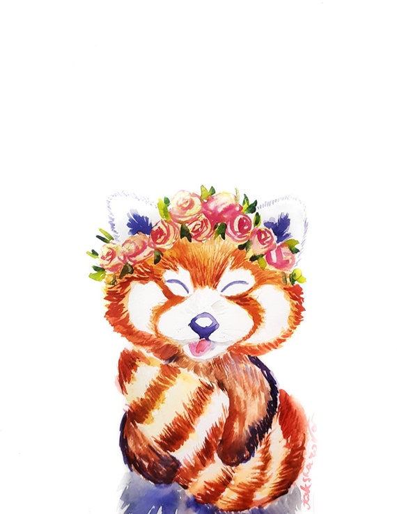 Chambre Bois Bebe Panda Roux Aquarelle Originale Pour Les Etsy
