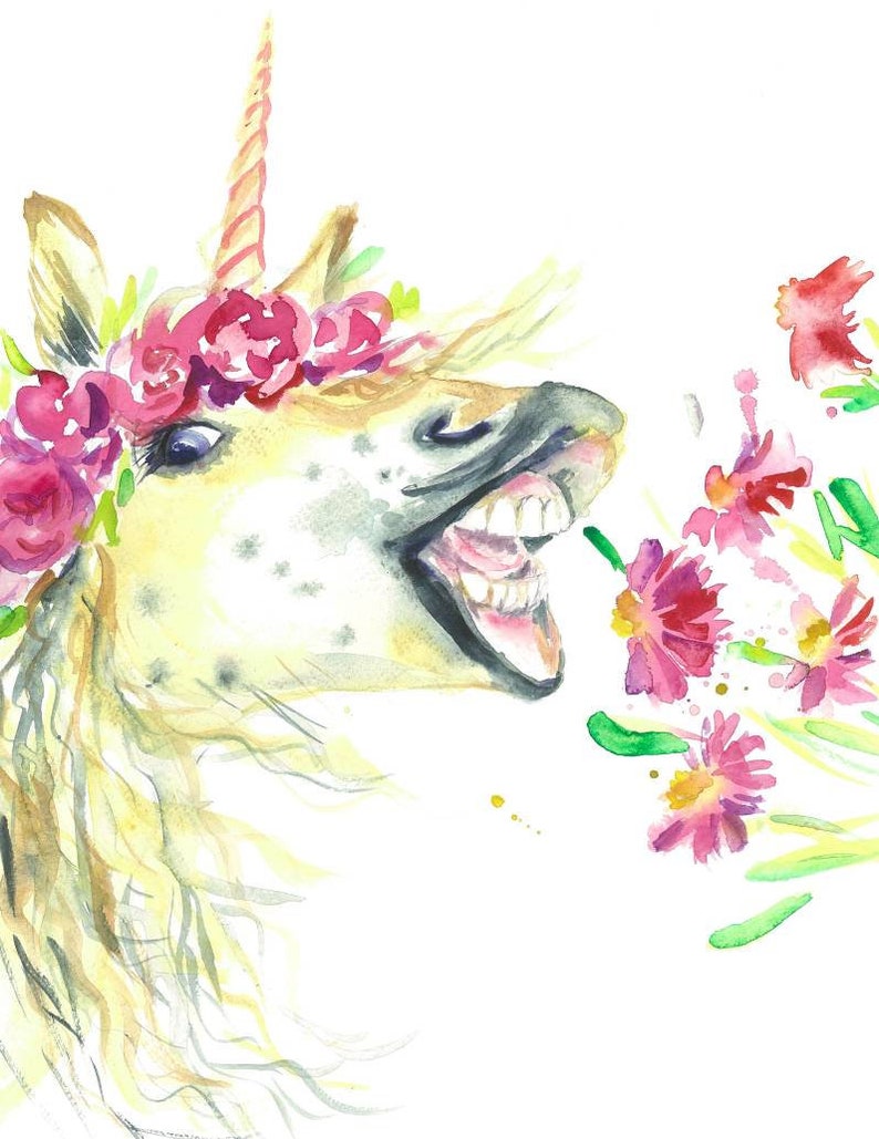 printable unicorn art flower crown original watercolor etsy