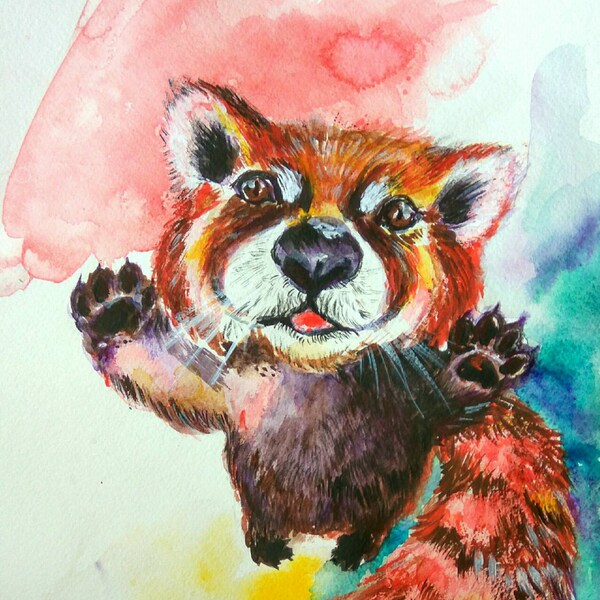 Hug Me Red Panda Original Watercolor Ink Acrylic painting Wall Art Kids friendly cute funny, nursery decor, animal painting, children art
