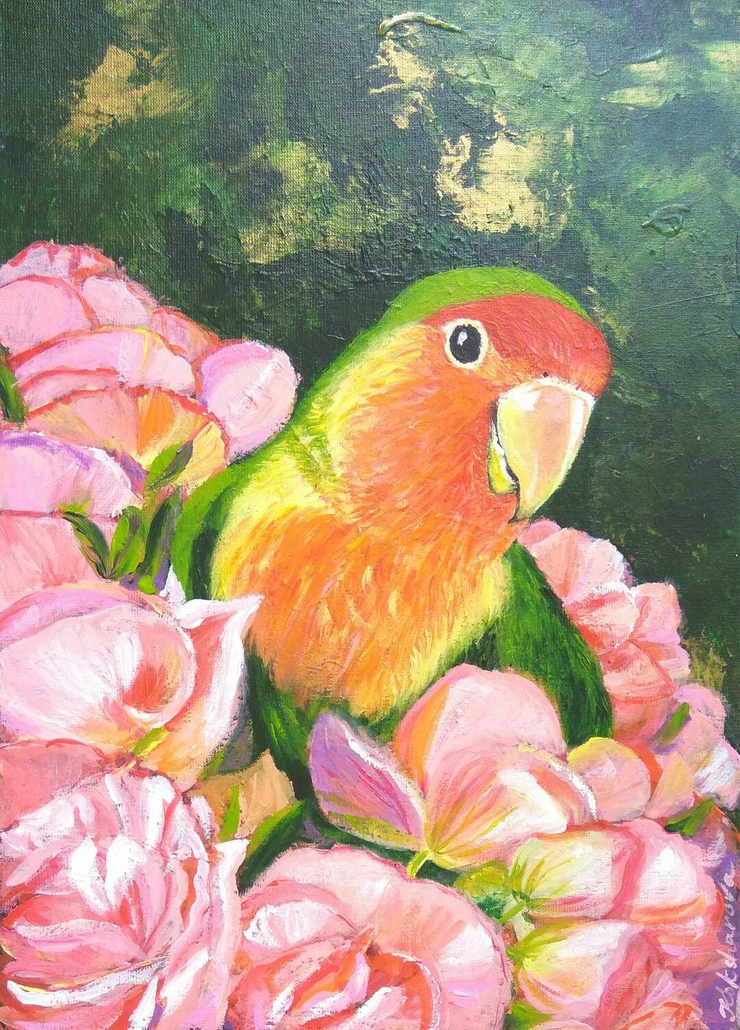 Lovebird in the flowers original acrylic painting parrot wall Etsy