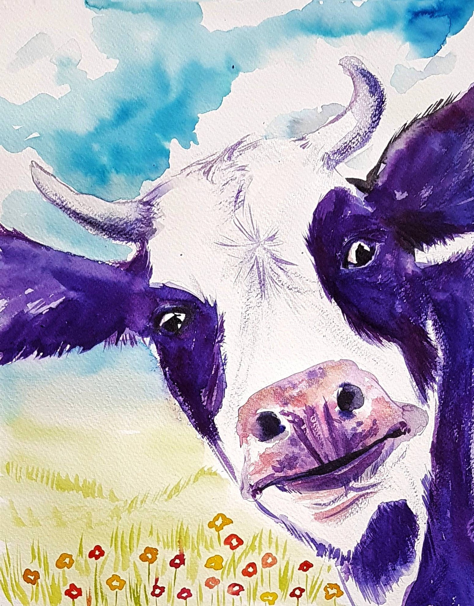 Purple Cow original watercolor painting Wall art farm animals Etsy