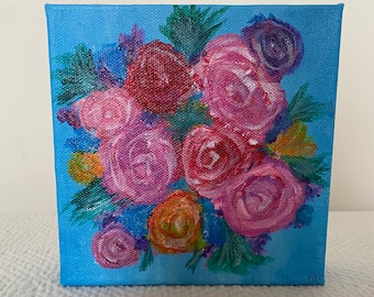 庭のバラ、オリジナルのアクリル画、花の絵画、ピンクの花、16x20の
