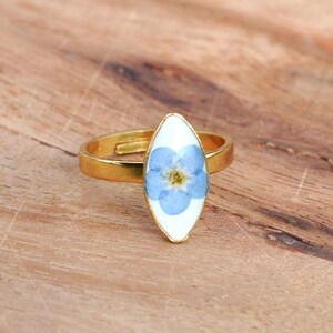 Forget Me Not Ring, Gold Plated Ring, Botanical Ring, Tiny Ring, Gold Ring, Blue Flower Ring, Pressed Flower Ring, Marquise Ring,