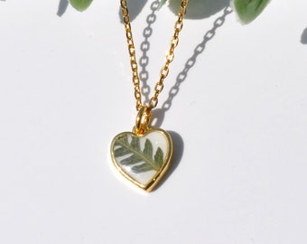 Heart Necklace, Fern Necklace, Gold Plated Heart Necklace, Real Pressed Fern Necklace, 90's Necklace, Dried Flower Necklace