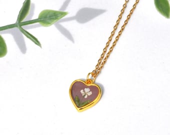 Heart Necklace, Wildflower Necklace, Gold Plated Heart Necklace, Real Pressed Fern Necklace, 90&#39;s Necklace, Dried Flower Necklace