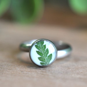Fern Ring, Stainless Steel Ring, Botanical Ring, White Ring, Silver Ring, Pressed Fern Ring, Real Pressed Flower Ring, Cute Ring, Plant Ring