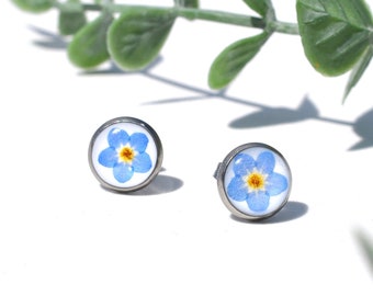 Pressed Flower Earrings, Pressed Flower Studs, Pretty Earrings, Forget Me Not, Forget Me Not Earrings, Pressed Flower Jewelry