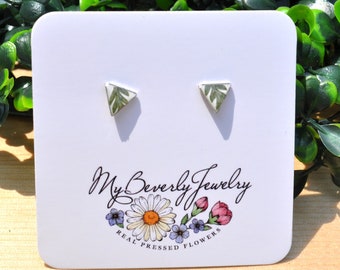 Fern Studs/ Triangle Studs/ Real Leaf Studs/ Nature Earrings/ Flower Jewelry/ Real/ Green and White Studs/Tiny Studs