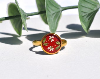 Pressed Flower Ring, Gold Ring, Queen Anne&#39;s Lace Ring, Dried Flower Ring, Wildflower Ring, Real Flower Ring, Vintage Ring, I love you