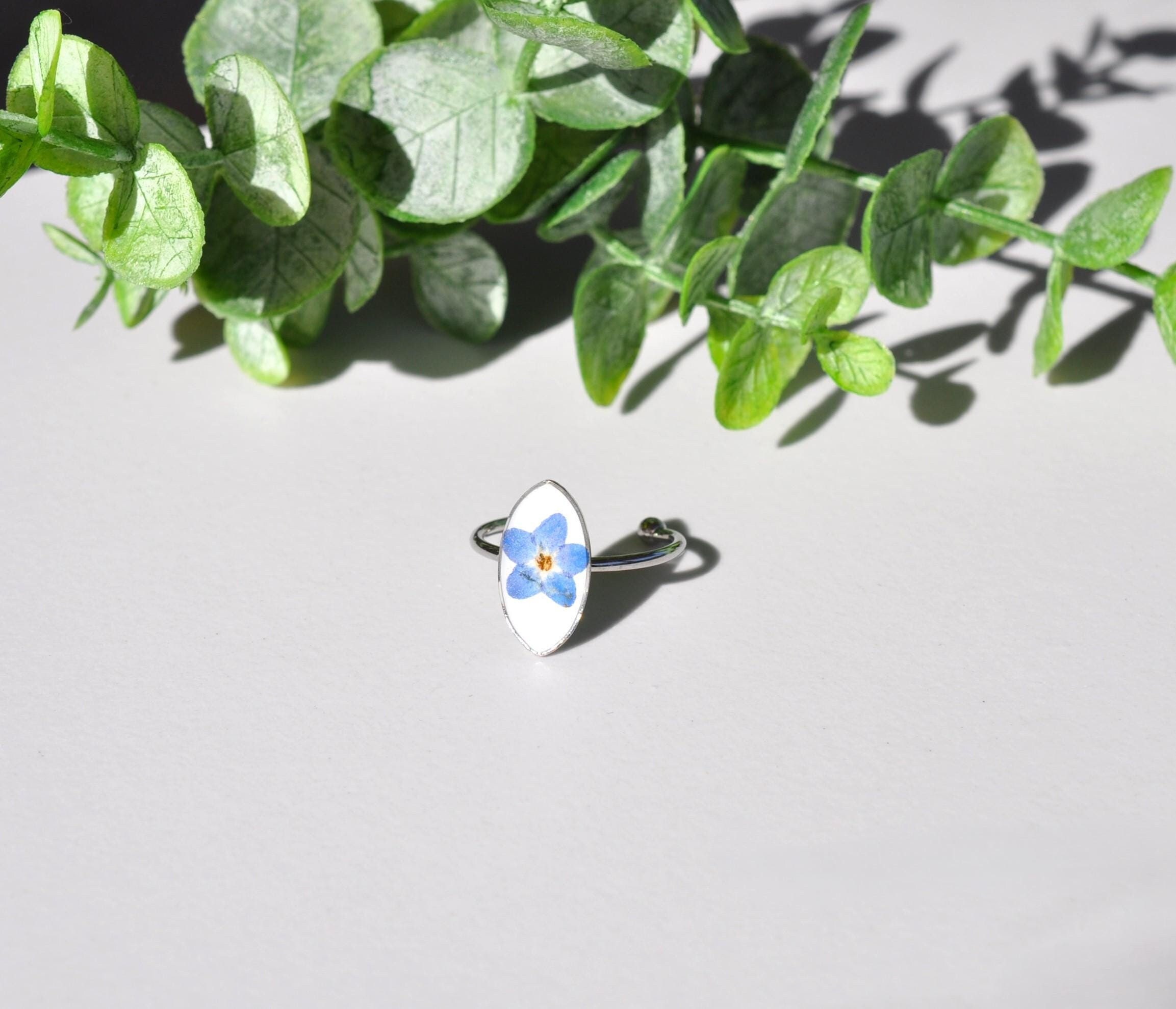Forget Me Not Ring, Real Flower Ring, Pressed Flower Ring, Dried Flower Ring, Tiny Flower, Memorial Ring, Stainless Steel Ring Marquise Ring