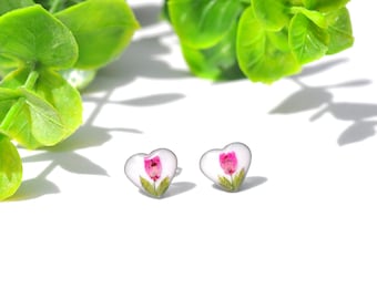 Wildflower Studs, Flower Studs, Dried Flower Earrings, Pink Flowers, Botanical Jewelry, Hearts, Real Pressed Flower Earrings, Gifts for Her