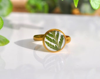 Fern Ring, Gold Plated Stainless Steel Ring, Botanical Ring, White Ring, Gold Ring, Green Ring, Pressed Fern Ring