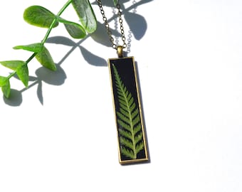 Real Fern Necklace, Pressed Fern Bar Pendant, Botanical Resin Jewelry, Nature Lover Gift, Handmade Flower Jewelry, Woodland Style Necklace