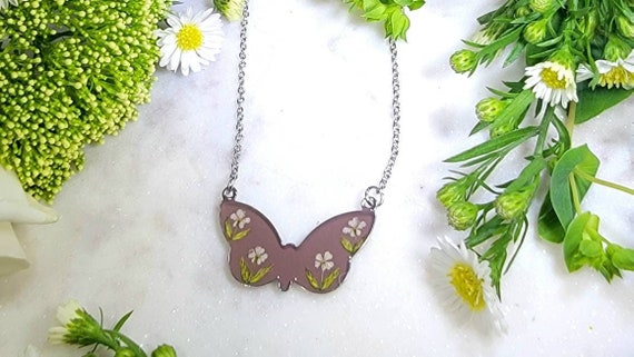 Butterflies Botanical Necklace Wildflowers Necklace Pressed Flower Necklace Real Flower Necklace Queen Annes Lace Butterfly Necklace