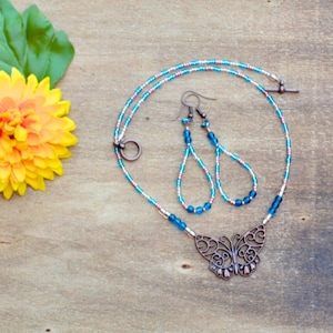 butterfly jewelry set / handmade jewelry set / gifts for her / seed bead jewelry / dangle earrings /minimalist jewelry / best friend gift image 1