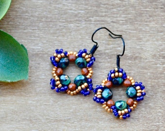 gold and blue hand sewn beaded bohemian earrings - seed bead earrings - unique jewelry - gift for women - handmade jewelry - dangle earrings