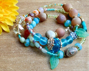 agate and carnelian beaded bracelet / boho jewelry / multi gemstone bracelet / summer jewelry / mom gift / gift for her/ handmade jewelry