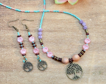 Handmade Tree of Life Beaded Necklace and Earrings Set - Boho Jewelry Set - Summer Jewelry - Gift For Her - Seed Bead Jewelry