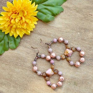 Rhodonite Beaded Hoop Earrings: Rose Gold Boho Dangle Earrings