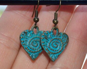 patina heart earrings in antique brass / boho earrings / bohemian jewelry / boho jewelry / gift for her / gifts under 20 / handmade jewelry