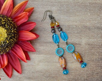 dangle earrings / bohemian blue and antique bronze beaded earrings / artisan beaded handmade earrings gift for her / unique gifts for her