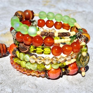 Autumn Vibe Carnelian Agate Beaded Memory Wire Wrap Bracelet with Lotus Charm