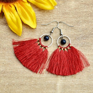 Red Fringe Earrings: Handmade Silver Hoop Dangle Earrings