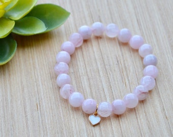 Tiny Heart Charm Rose Quartz Bracelet - Gemstone Bead Jewelry for Love and Harmony - Handmade Jewelry - Bohemian Jewelry - Stretch Bracelet