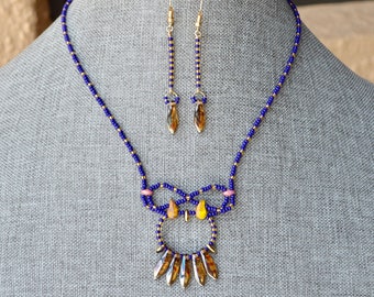 Seed Bead Blue and Gold Pendant Necklace and Earrings / gift for her / gifts for her / handmade jewelry / dangle earrings